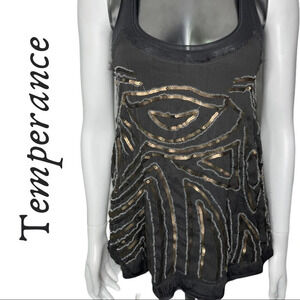 Temperance Boho Tank Top Sequin Beading  Grey Gold Size Small